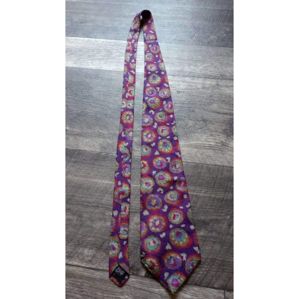Claiborne Purple, Red Gold - White Geometric Design 100% Italian Silk Tie Vtg